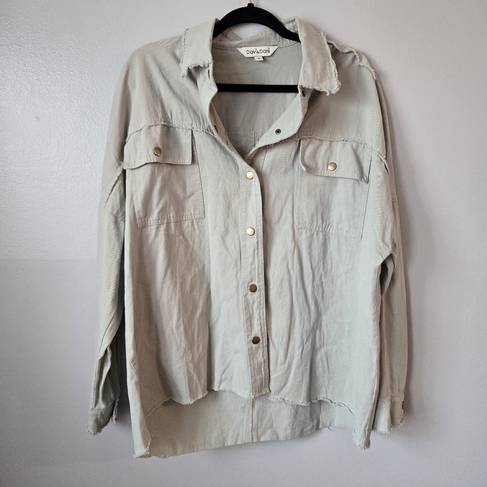 Davi & Dani Rock & Roll Graphic Shacket Sage Green Raw Hem Button Down Shirt - Picture 3 of 9